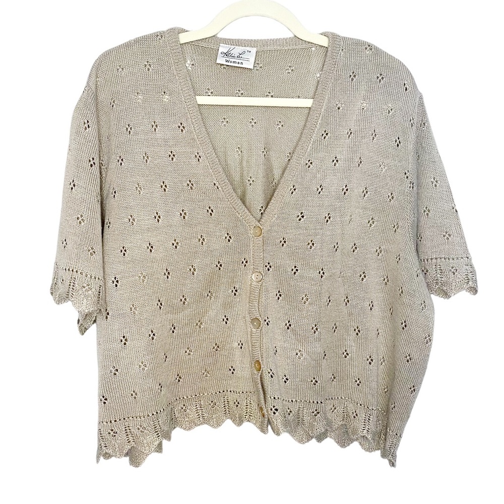 Vintage Kathie Lee open knit short sleeve cropped knit cardigan crochet trim